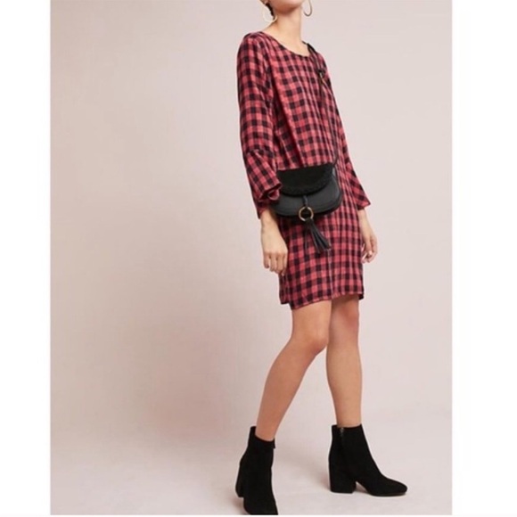 Anthropologie Cloth & Stone Plaid Flutter Sleeve Buffalo Check Open Back Dress M - Picture 2 of 12